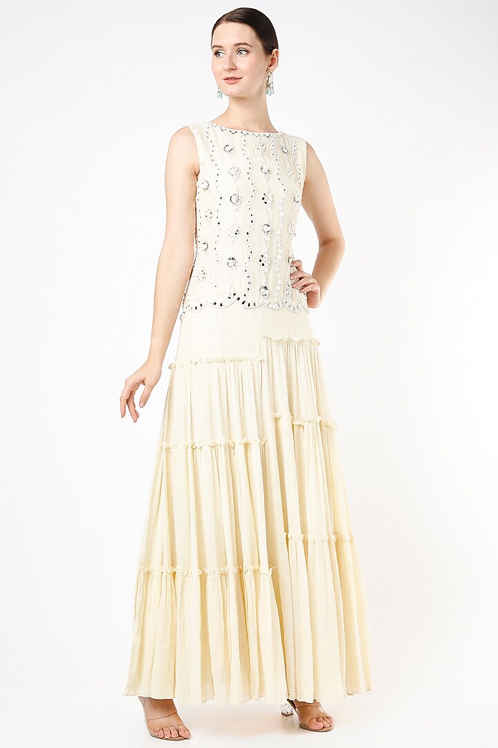 Beige Embroidered Tiered Dress by Keith Gomes