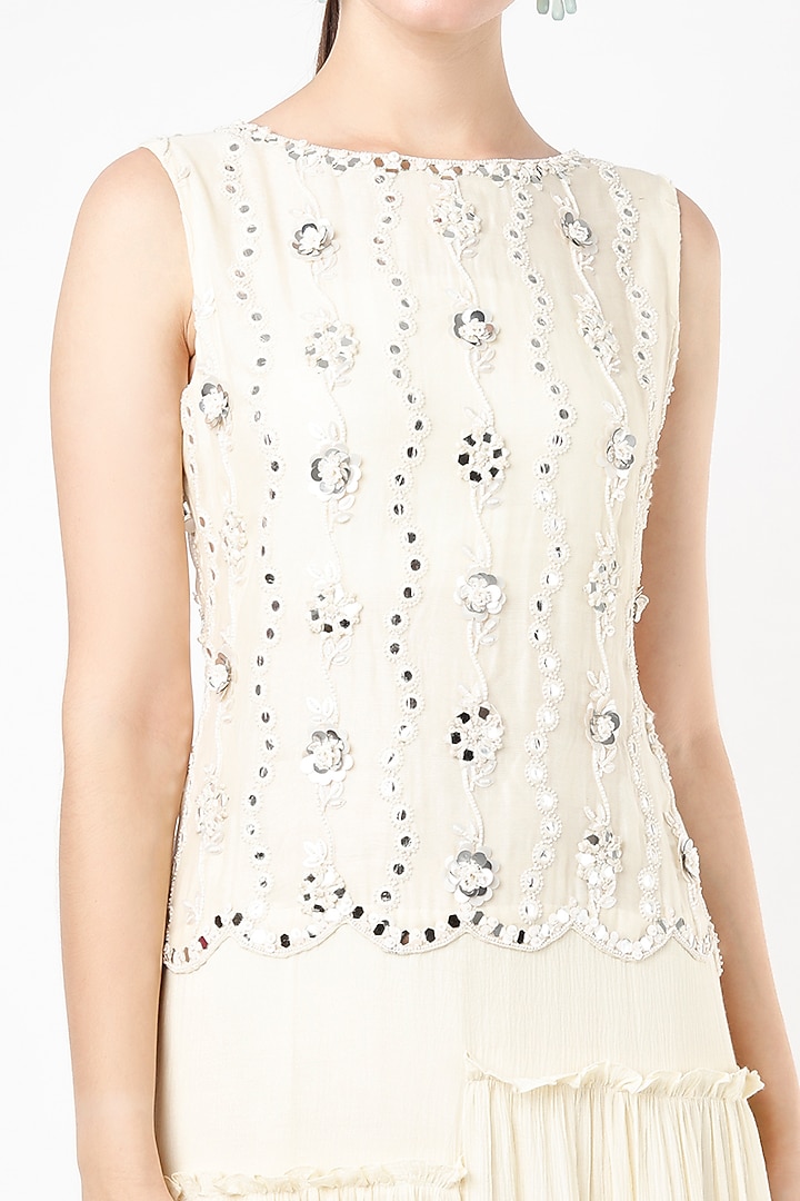 Beige Embroidered Tiered Vacation Dress by Keith Gomes at Pernia's Pop Up Shop