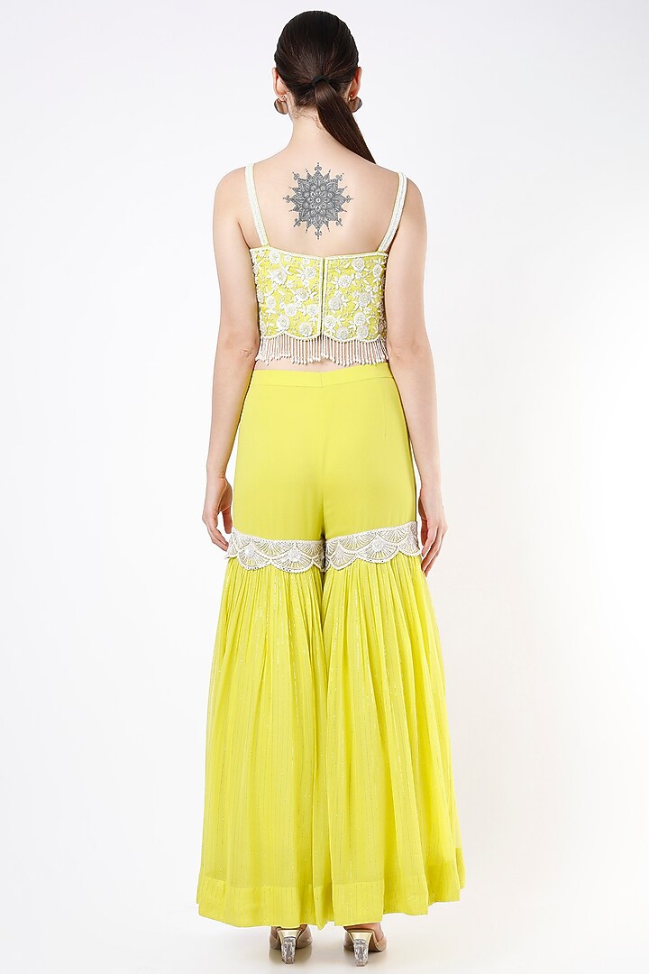 Yellow Georgette Hand Embroidered Wedding Sharara Set by Keith Gomes at Pernia's Pop Up Shop