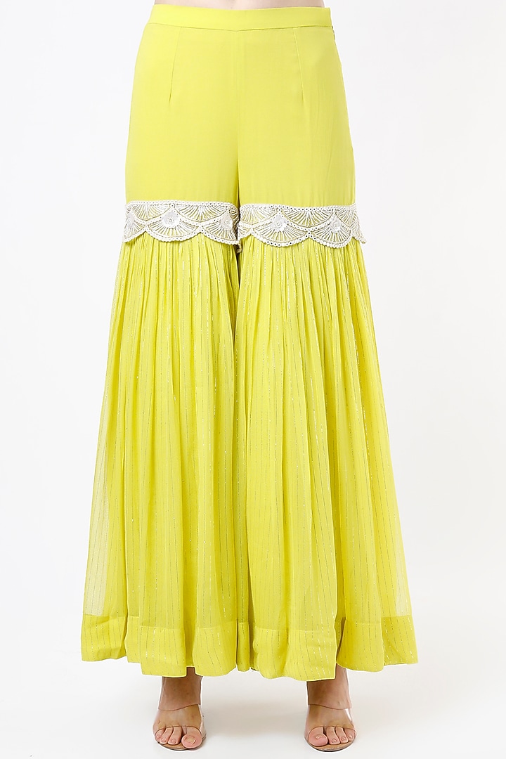 Yellow Georgette Hand Embroidered Wedding Sharara Set by Keith Gomes at Pernia's Pop Up Shop
