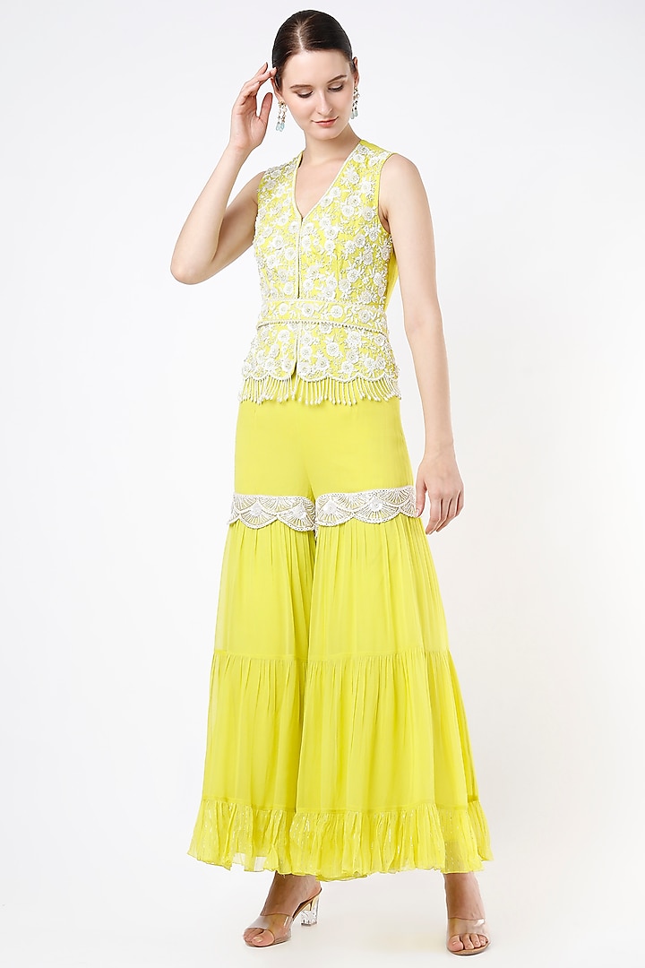 Yellow Hand Embroidered Pant Set by Keith Gomes
