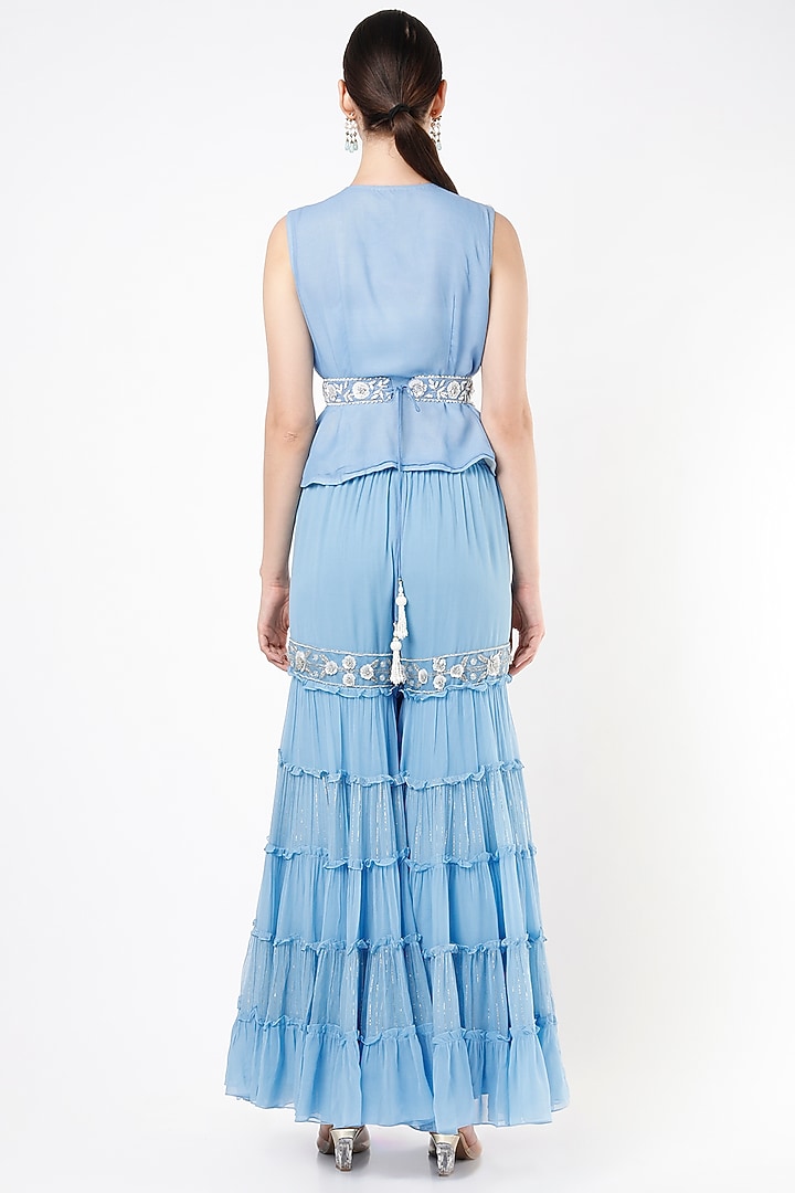 Sky Blue Hand Embroidered Pant Set by Keith Gomes at Pernia's Pop Up Shop