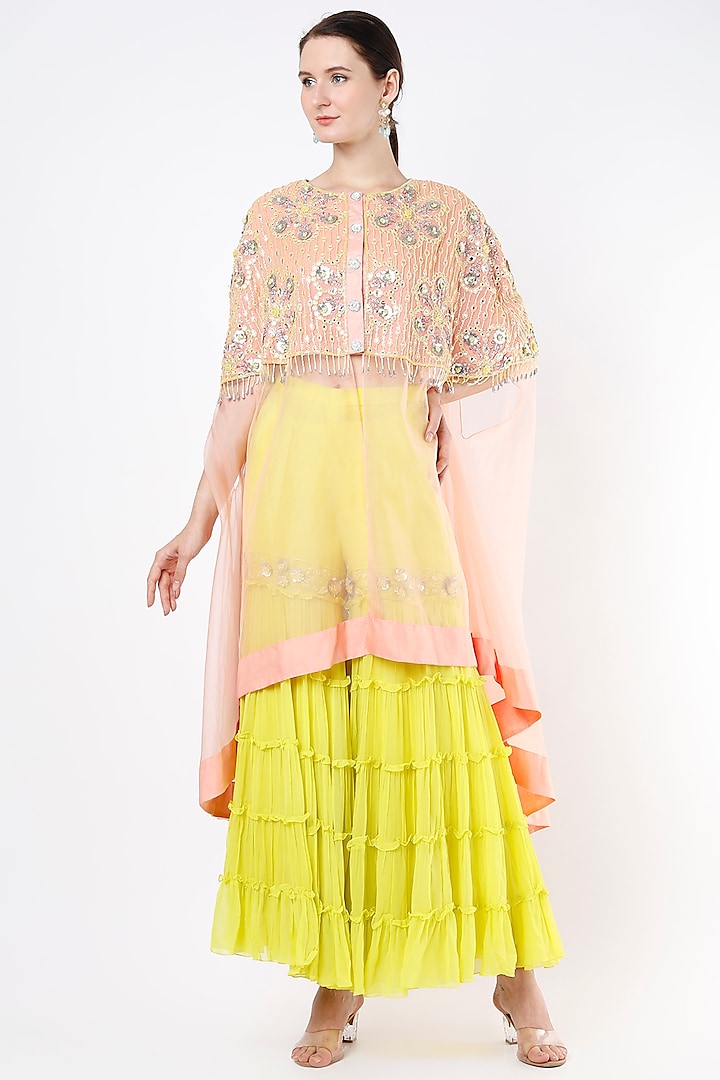 Peach Hand Embroidered Cape Set by Keith Gomes