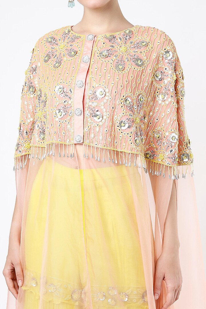 Peach Hand Embroidered Cape Set by Keith Gomes at Pernia's Pop Up Shop