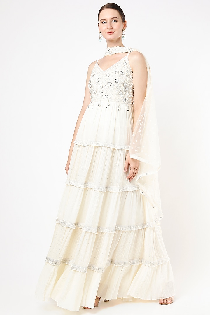 Ivory Hand Embroidered Tiered Dress by Keith Gomes