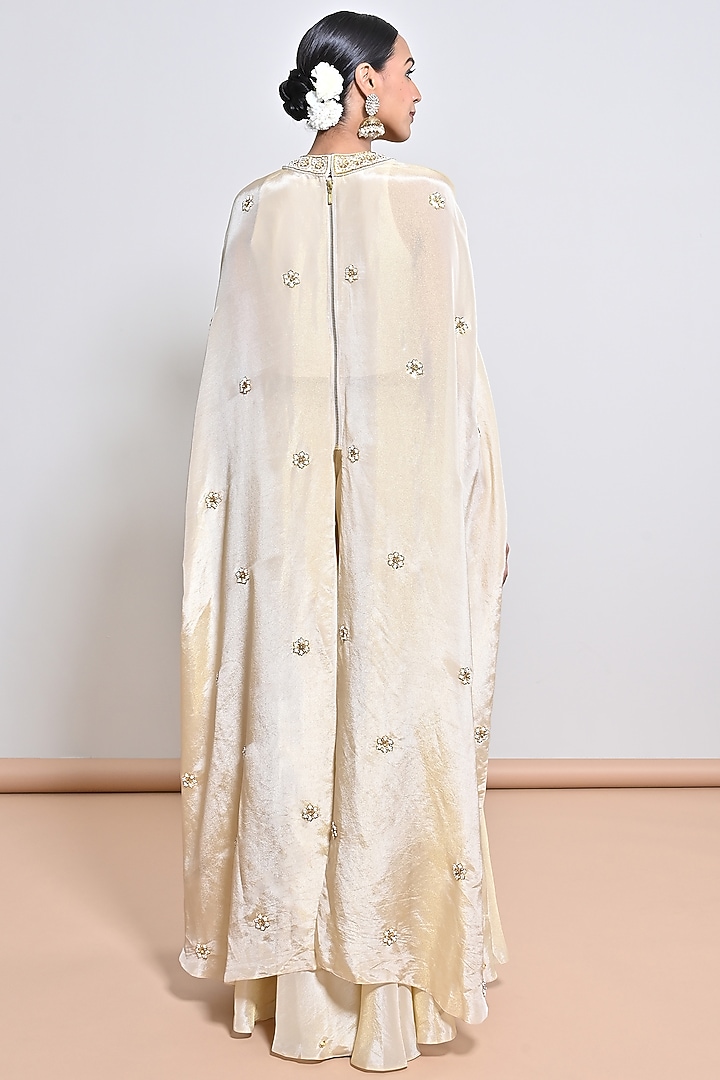 Ivory Silk Tissue Sequins Hand Embroidered Cape Set by Keith Gomes at Pernia's Pop Up Shop