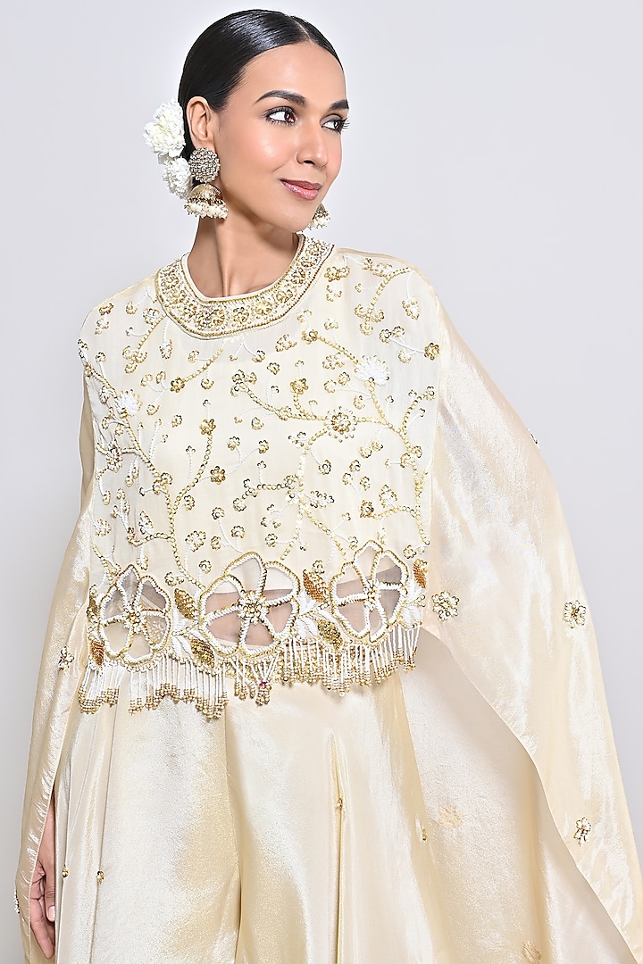Ivory Silk Tissue Sequins Hand Embroidered Cape Set by Keith Gomes at Pernia's Pop Up Shop