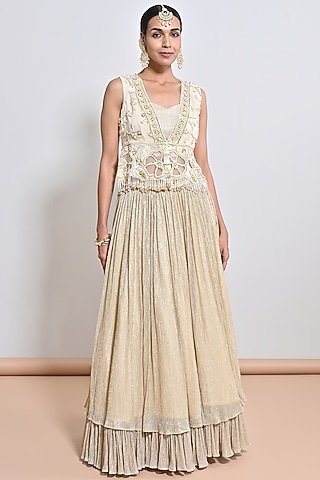 Ivory Shimmer Chiffon Hand Embroidered Layered Lehenga Set by Keith Gomes