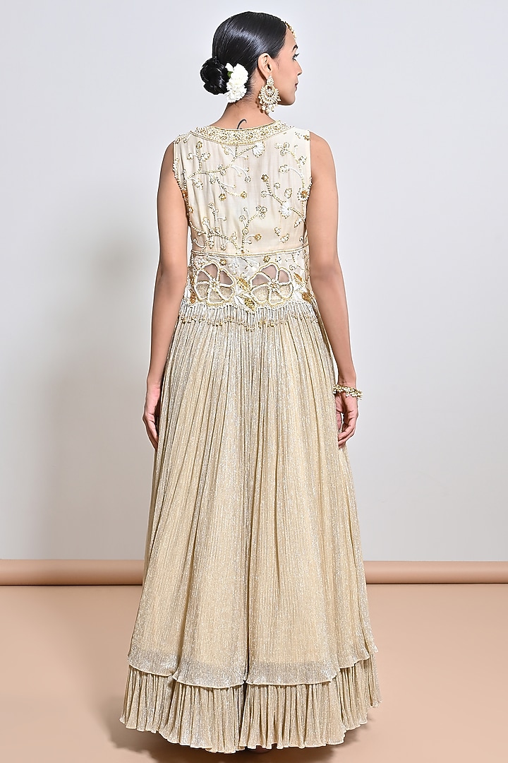 Ivory Shimmer Chiffon Hand Embroidered Layered Wedding Lehenga Set by Keith Gomes at Pernia's Pop Up Shop
