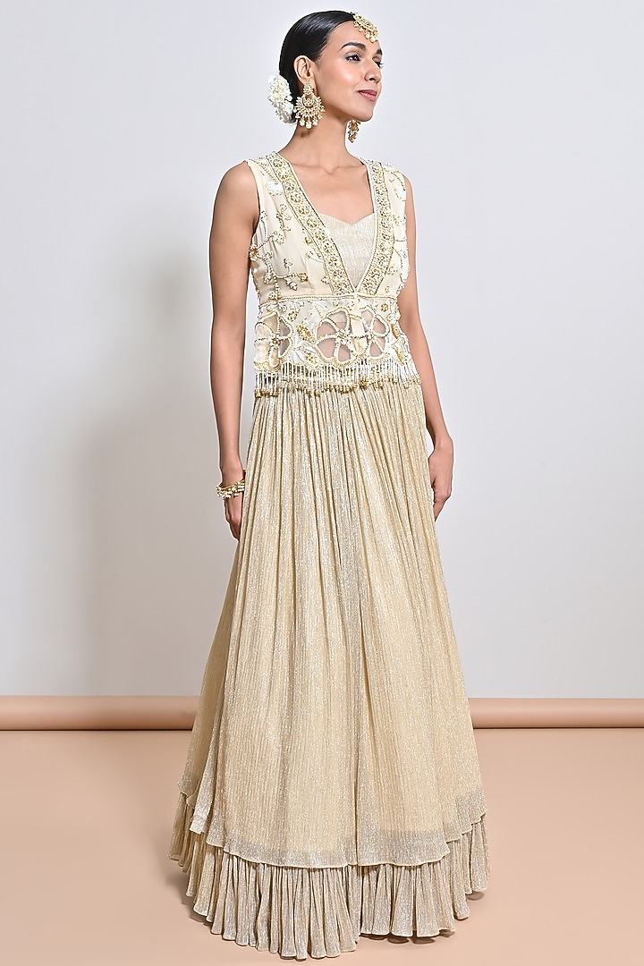 Ivory Shimmer Chiffon Hand Embroidered Layered Wedding Lehenga Set by Keith Gomes at Pernia's Pop Up Shop