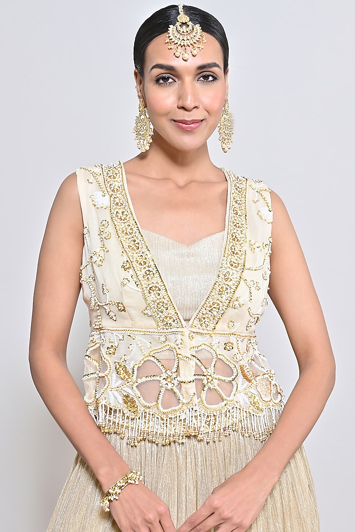 Ivory Shimmer Chiffon Hand Embroidered Layered Wedding Lehenga Set by Keith Gomes at Pernia's Pop Up Shop