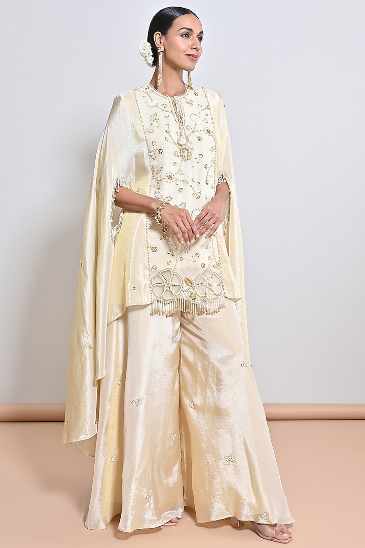 Ivory Silk Tissue Sequins Hand Embroidered Tunic Set by Keith Gomes at Pernia's Pop Up Shop