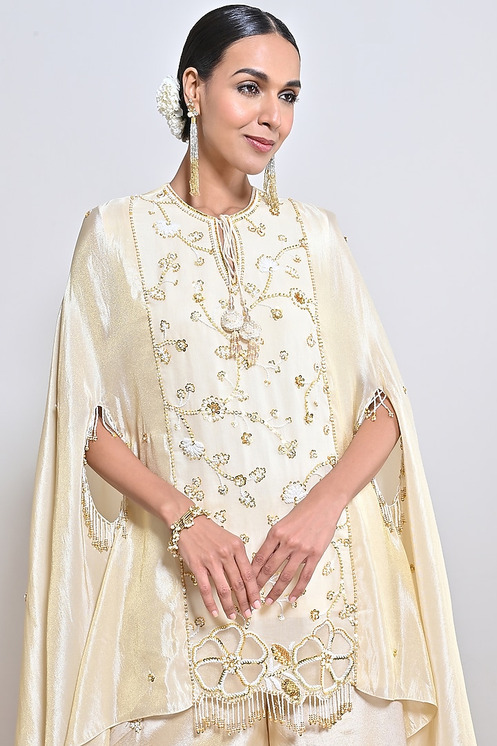 Ivory Silk Tissue Sequins Hand Embroidered Tunic Set by Keith Gomes at Pernia's Pop Up Shop