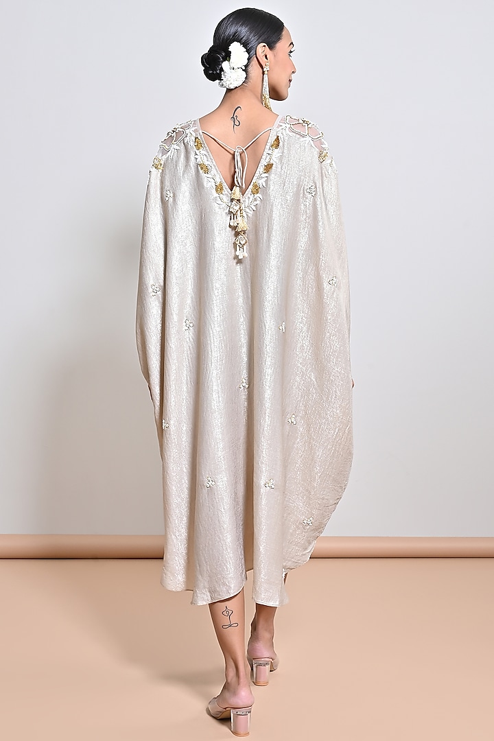 Champagne Gold Shimmer Foil Crepe Sequins Embroidered Kaftan by Keith Gomes at Pernia's Pop Up Shop