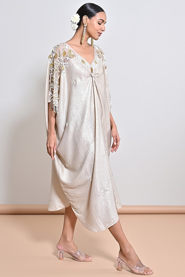 Champagne Gold Shimmer Foil Crepe Sequins Embroidered Kaftan by Keith Gomes at Pernia's Pop Up Shop