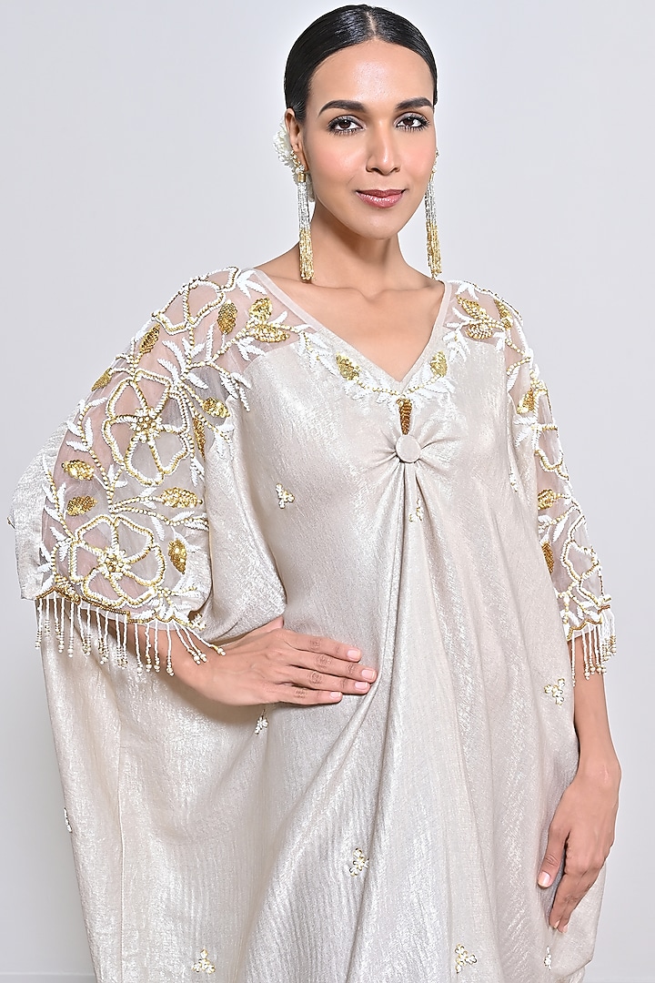 Champagne Gold Shimmer Foil Crepe Sequins Embroidered Kaftan by Keith Gomes at Pernia's Pop Up Shop