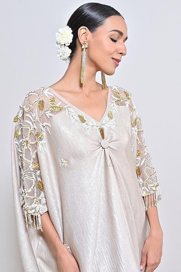 Champagne Gold Shimmer Foil Crepe Sequins Embroidered Kaftan by Keith Gomes at Pernia's Pop Up Shop