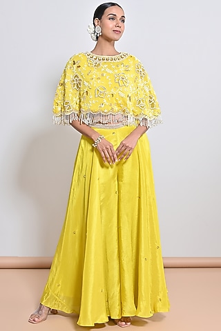 Yellow Chanderi Silk Sequins Hand Embroidered Cape Set by Keith Gomes
