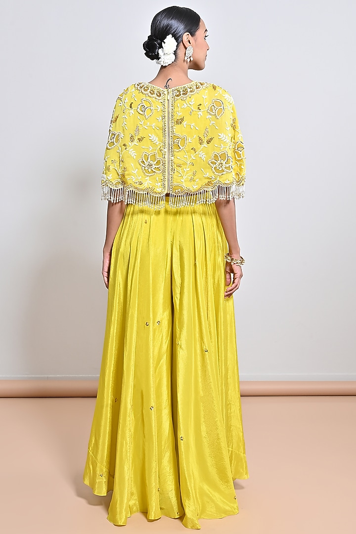 Yellow Chanderi Silk Sequins Hand Embroidered Cape Set by Keith Gomes at Pernia's Pop Up Shop