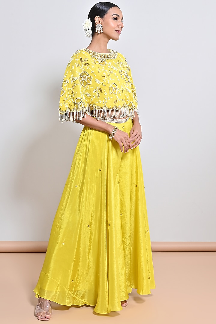 Yellow Chanderi Silk Sequins Hand Embroidered Cape Set by Keith Gomes at Pernia's Pop Up Shop