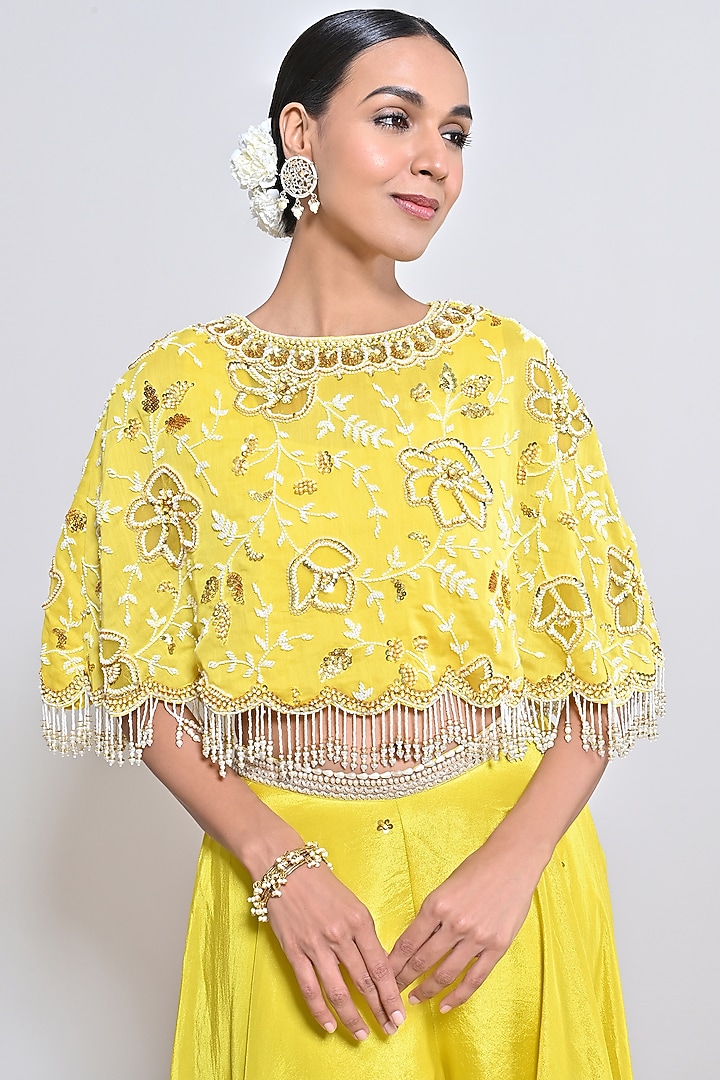 Yellow Chanderi Silk Sequins Hand Embroidered Cape Set by Keith Gomes at Pernia's Pop Up Shop