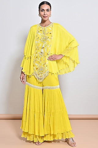 Yellow Chiffon Crepe Sequins Embroidered Gharara Set by Keith Gomes