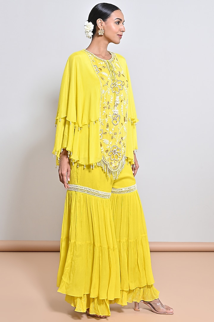 Yellow Chiffon Crepe Sequins Embroidered Gharara Set by Keith Gomes at Pernia's Pop Up Shop