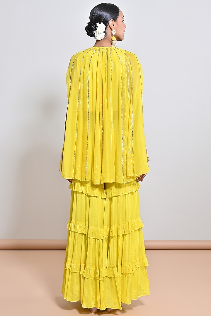 Yellow Chiffon Crepe Sequins Embroidered Gharara Set by Keith Gomes at Pernia's Pop Up Shop