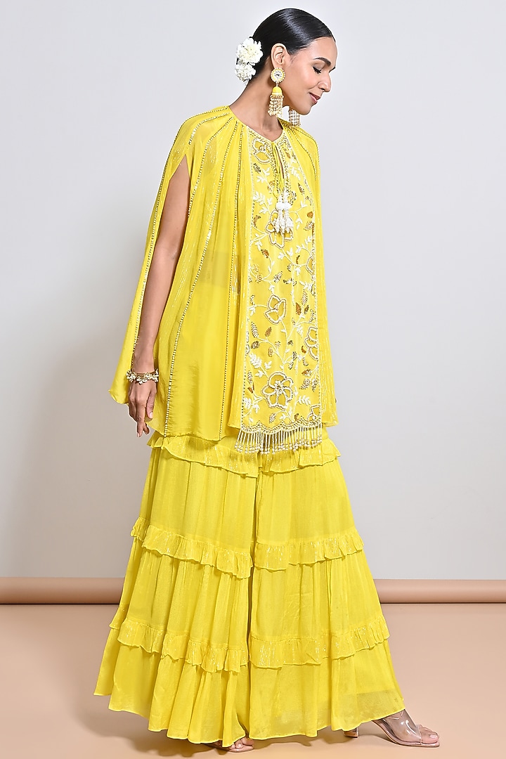 Yellow Chiffon Crepe Sequins Embroidered Gharara Set by Keith Gomes at Pernia's Pop Up Shop