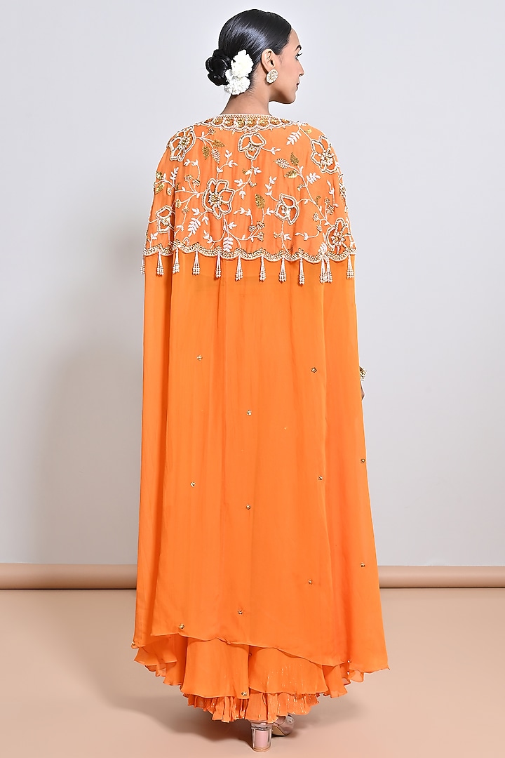 Orange Chanderi Silk & Silk Organza Sequins Hand Embroidered Cape Set by Keith Gomes at Pernia's Pop Up Shop