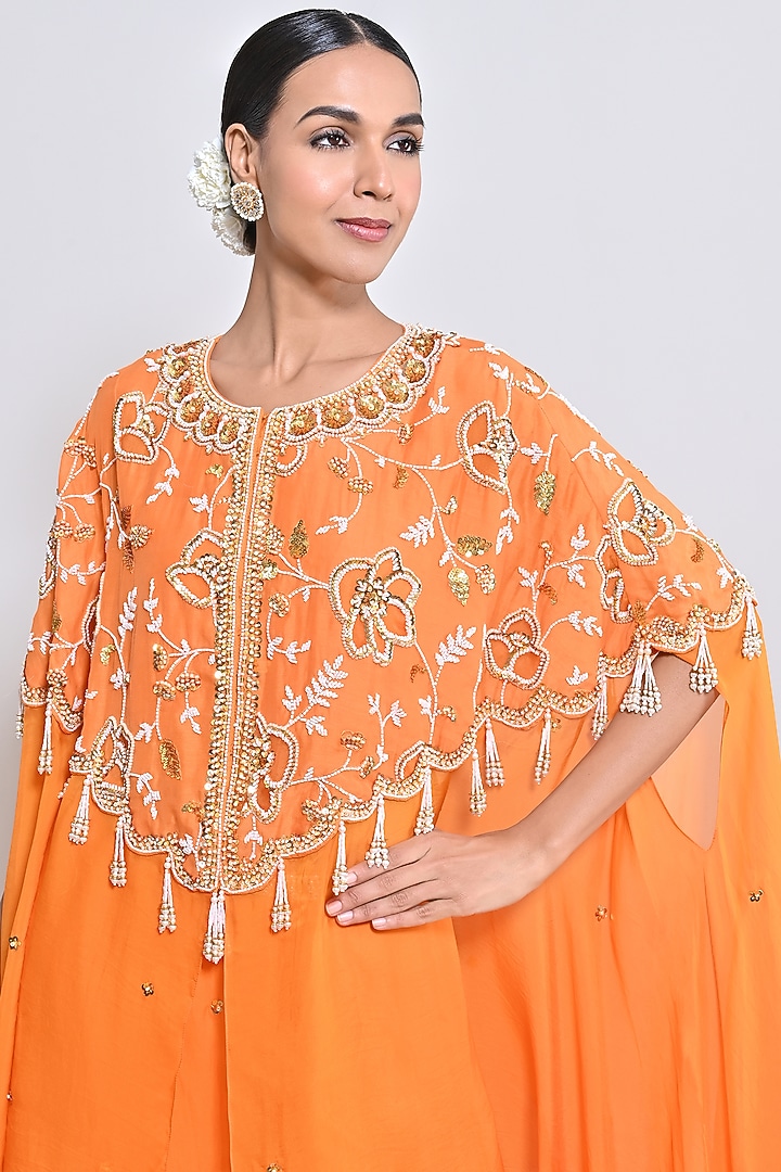 Orange Chanderi Silk & Silk Organza Sequins Hand Embroidered Cape Set by Keith Gomes at Pernia's Pop Up Shop
