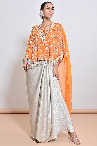 Orange Chanderi Silk & Silk Organza Sequins Hand Embroidered Cape Set by Keith Gomes