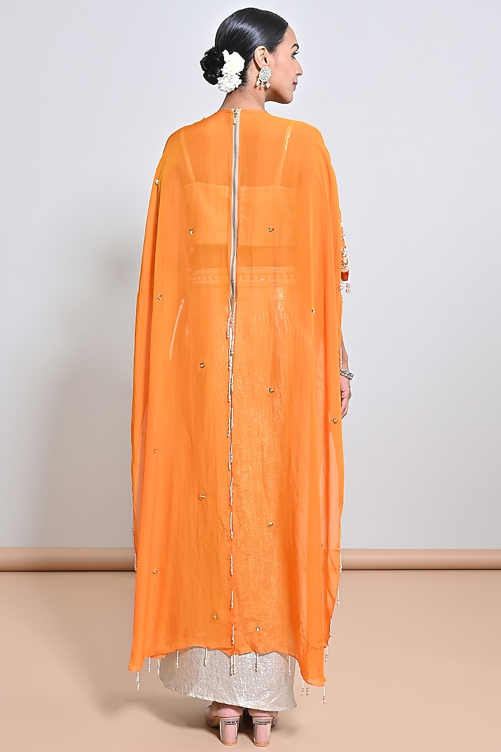 Orange Chanderi Silk & Silk Organza Sequins Hand Embroidered Cape Set by Keith Gomes at Pernia's Pop Up Shop