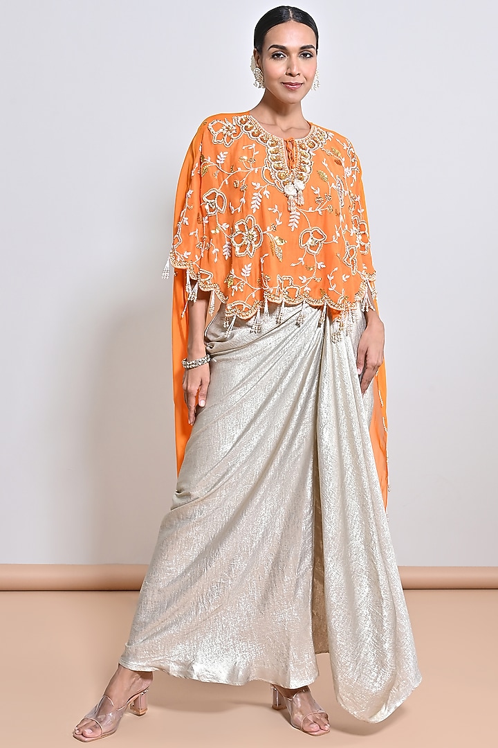 Orange Chanderi Silk & Silk Organza Sequins Hand Embroidered Cape Set by Keith Gomes at Pernia's Pop Up Shop