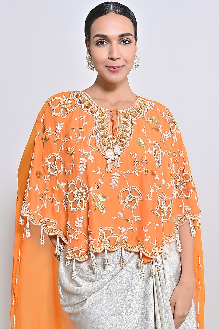 Orange Chanderi Silk & Silk Organza Sequins Hand Embroidered Cape Set by Keith Gomes at Pernia's Pop Up Shop