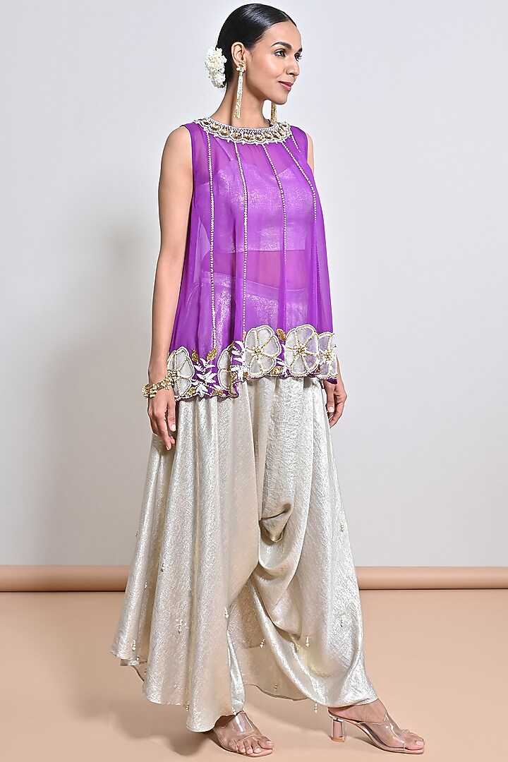 Purple Silk Organza Sequins Hand Embroidered Tunic Set by Keith Gomes at Pernia's Pop Up Shop
