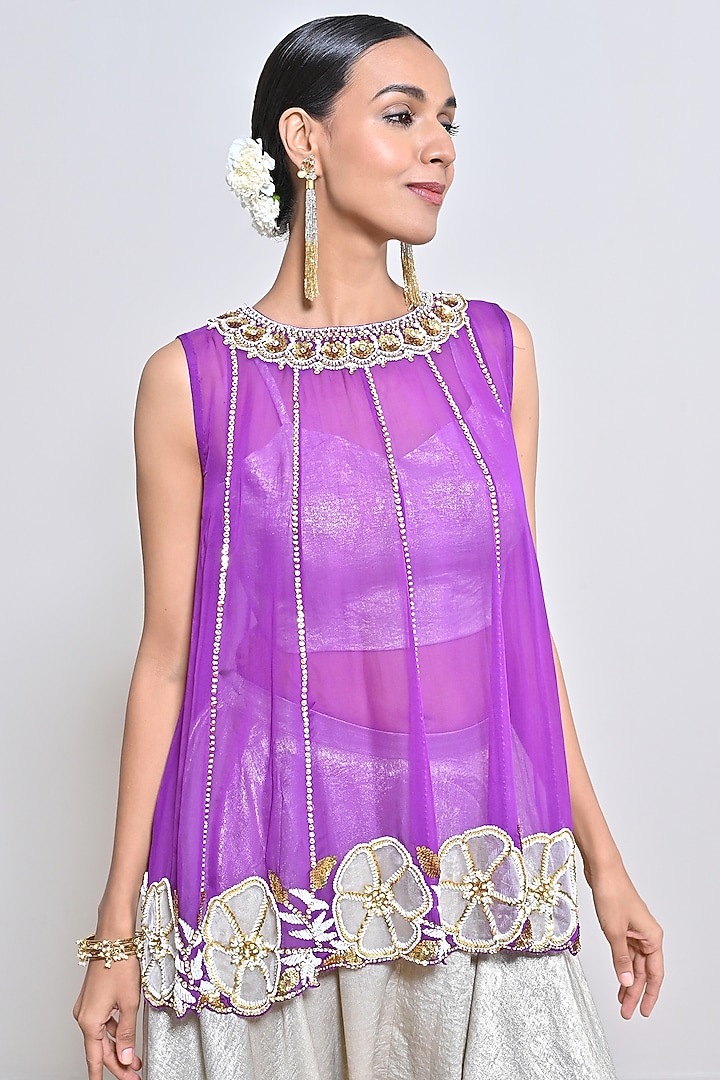 Purple Silk Organza Sequins Hand Embroidered Tunic Set by Keith Gomes at Pernia's Pop Up Shop