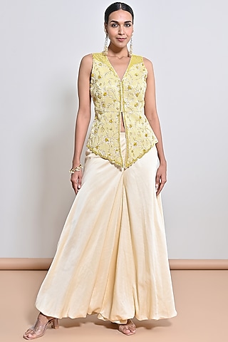 Beige Nysasa Silk Sequins Embroidered Palazzo Pant Set by Keith Gomes