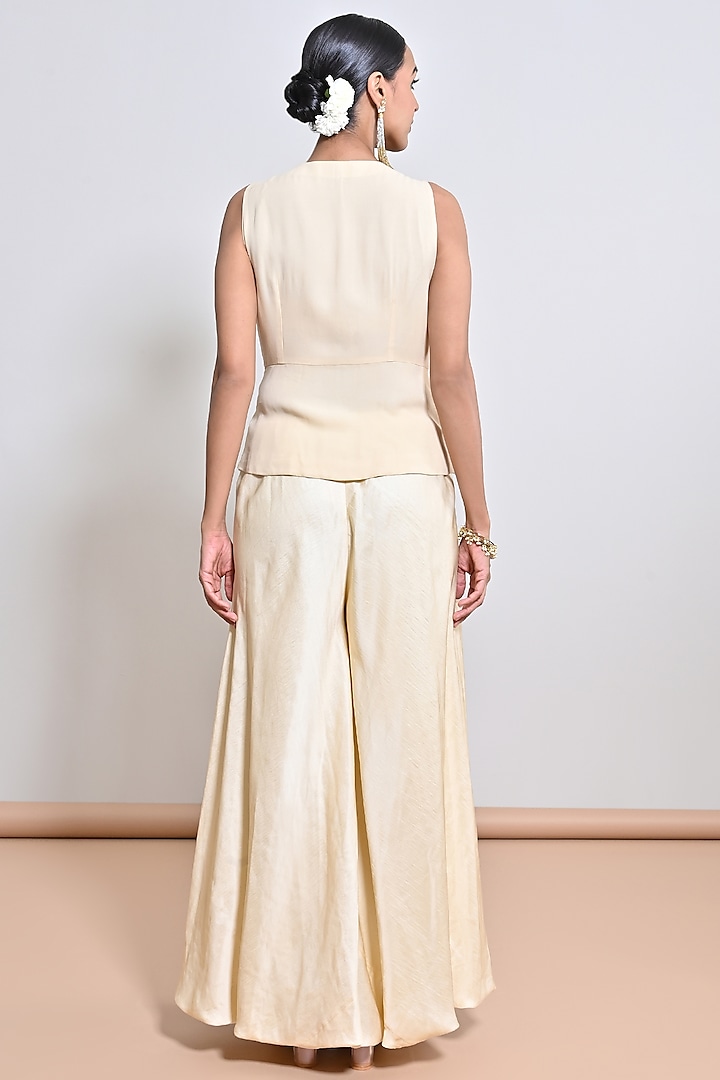Beige Nysasa Silk Sequins Embroidered Palazzo Pant Set by Keith Gomes at Pernia's Pop Up Shop