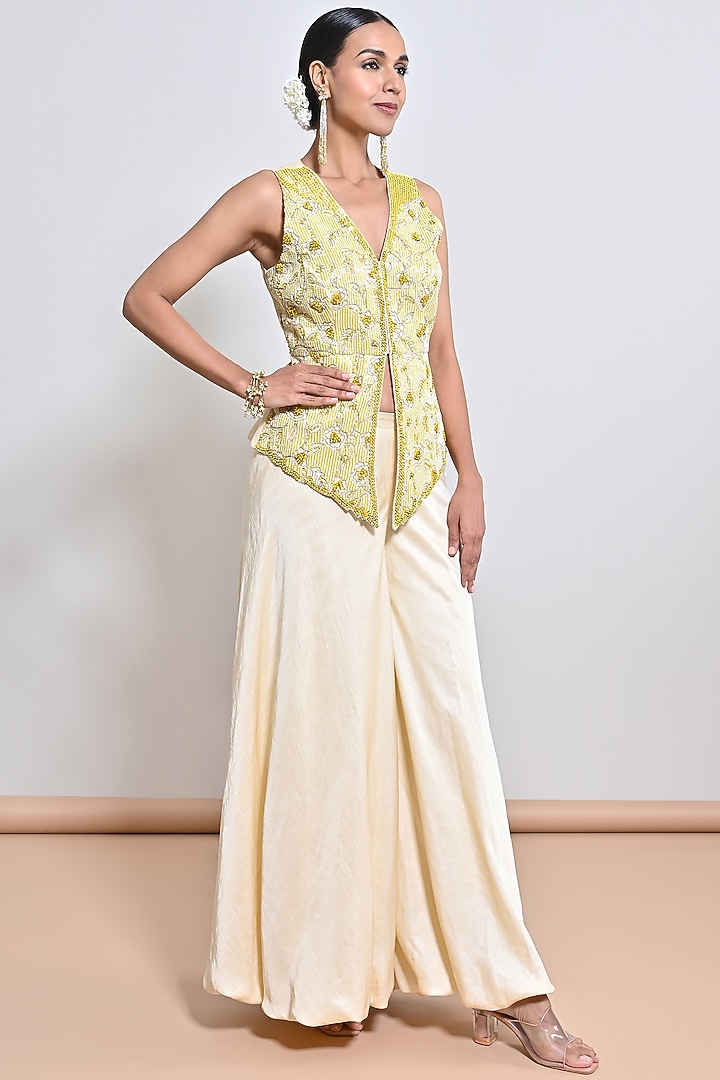 Beige Nysasa Silk Sequins Embroidered Palazzo Pant Set by Keith Gomes at Pernia's Pop Up Shop
