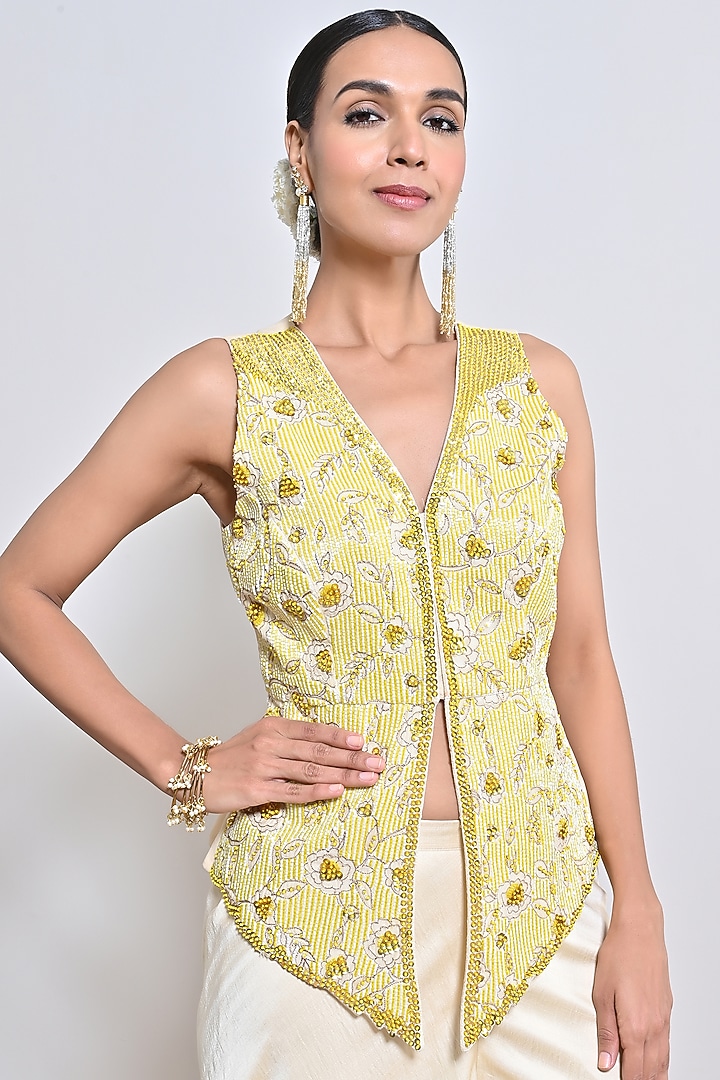 Beige Nysasa Silk Sequins Embroidered Palazzo Pant Set by Keith Gomes at Pernia's Pop Up Shop