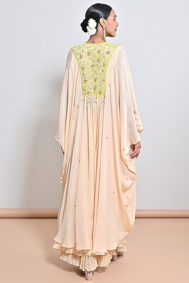 Beige Chiffon Crepe Beads Hand Embroidered Tunic Set by Keith Gomes at Pernia's Pop Up Shop
