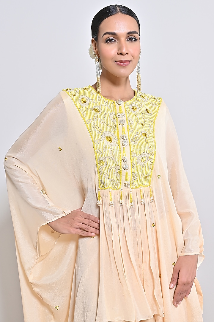 Beige Chiffon Crepe Beads Hand Embroidered Tunic Set by Keith Gomes at Pernia's Pop Up Shop
