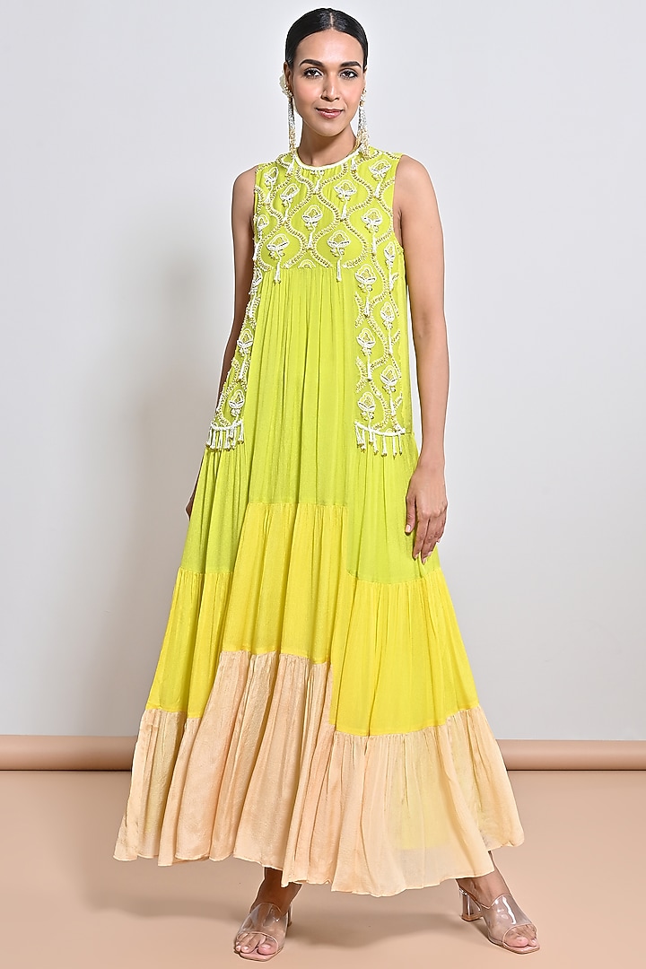 Multi-Colored Chiffon Crepe Hand Embroidered Tiered Vacation Dress by Keith Gomes at Pernia's Pop Up Shop