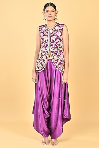 Purple Satin Zardosi Embroidered Dhoti Set by Keith Gomes