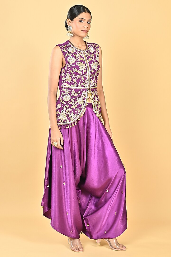 Purple Satin Zardosi Embroidered Dhoti Set by Keith Gomes at Pernia's Pop Up Shop