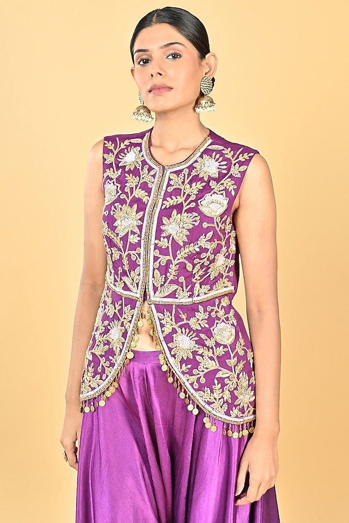 Purple Satin Zardosi Embroidered Dhoti Set by Keith Gomes at Pernia's Pop Up Shop