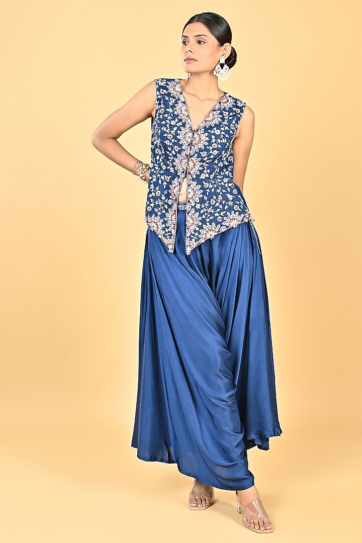 Navy Blue Satin Zari Embroidered Dhoti Set by Keith Gomes at Pernia's Pop Up Shop