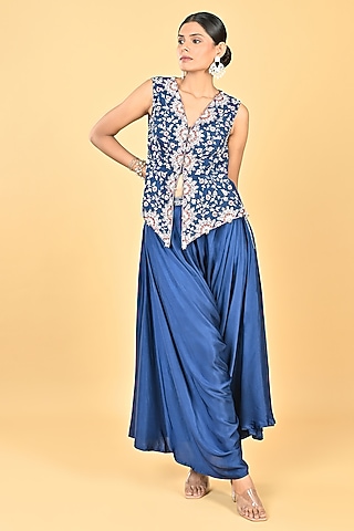 Navy Blue Satin Zari Embroidered Dhoti Set by Keith Gomes
