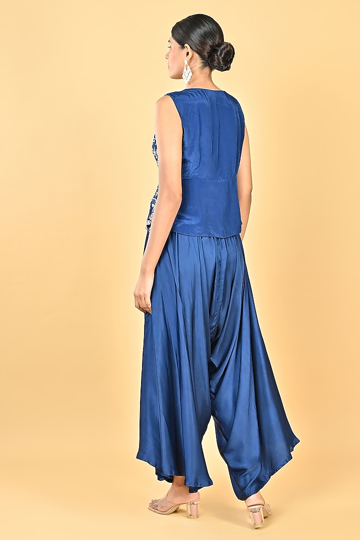 Navy Blue Satin Zari Embroidered Dhoti Set by Keith Gomes at Pernia's Pop Up Shop